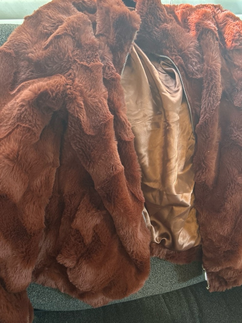 Plush Faux Fur Bomber Jacket - Rust Brown - Picture 6 of 7